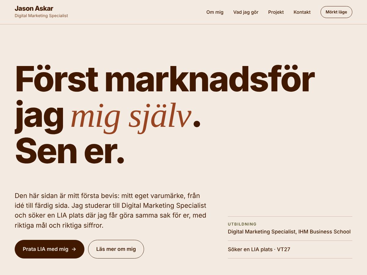 Startsidan på Jasons personliga webbplats med stor rubrik i jordiga färger